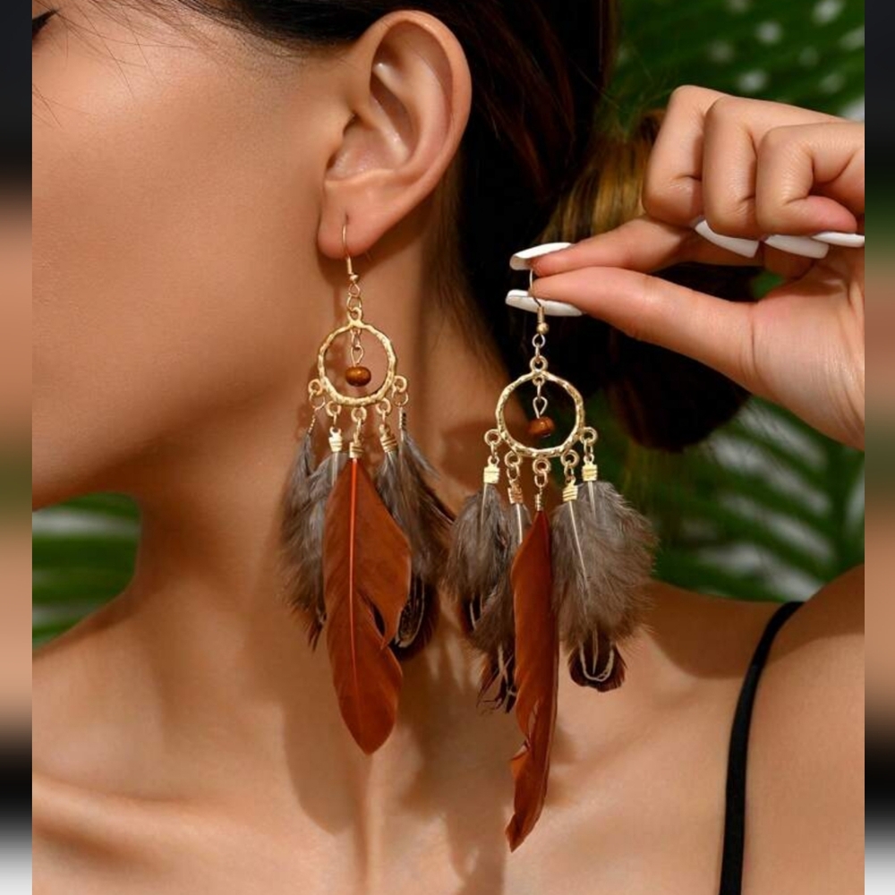 3 For $13💛Bohemian Feather Earrings in Gold and Brown